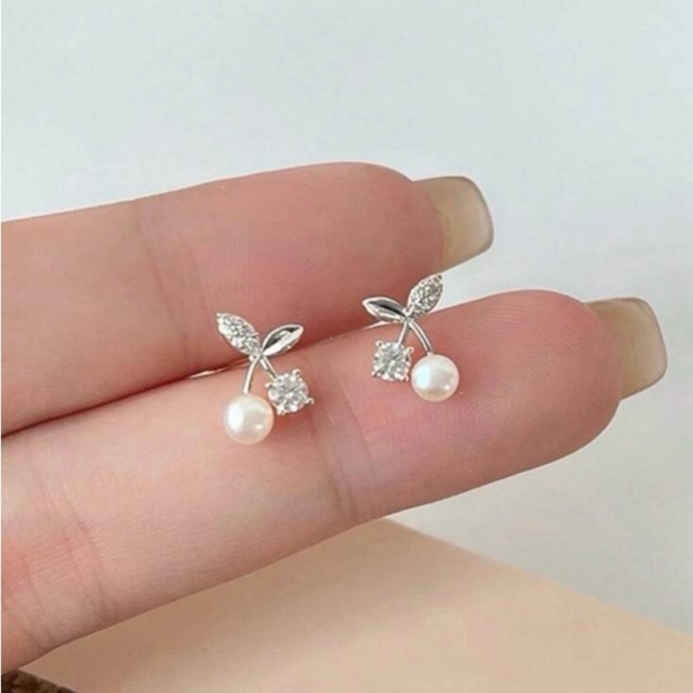 White Pearl CZ Cherry Earrings In Silver - Picture 4 of 5